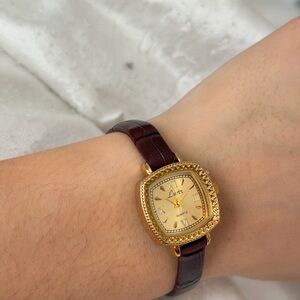 Vintage Woman’s Gold Square Face Watch - Espresso Croc Leather